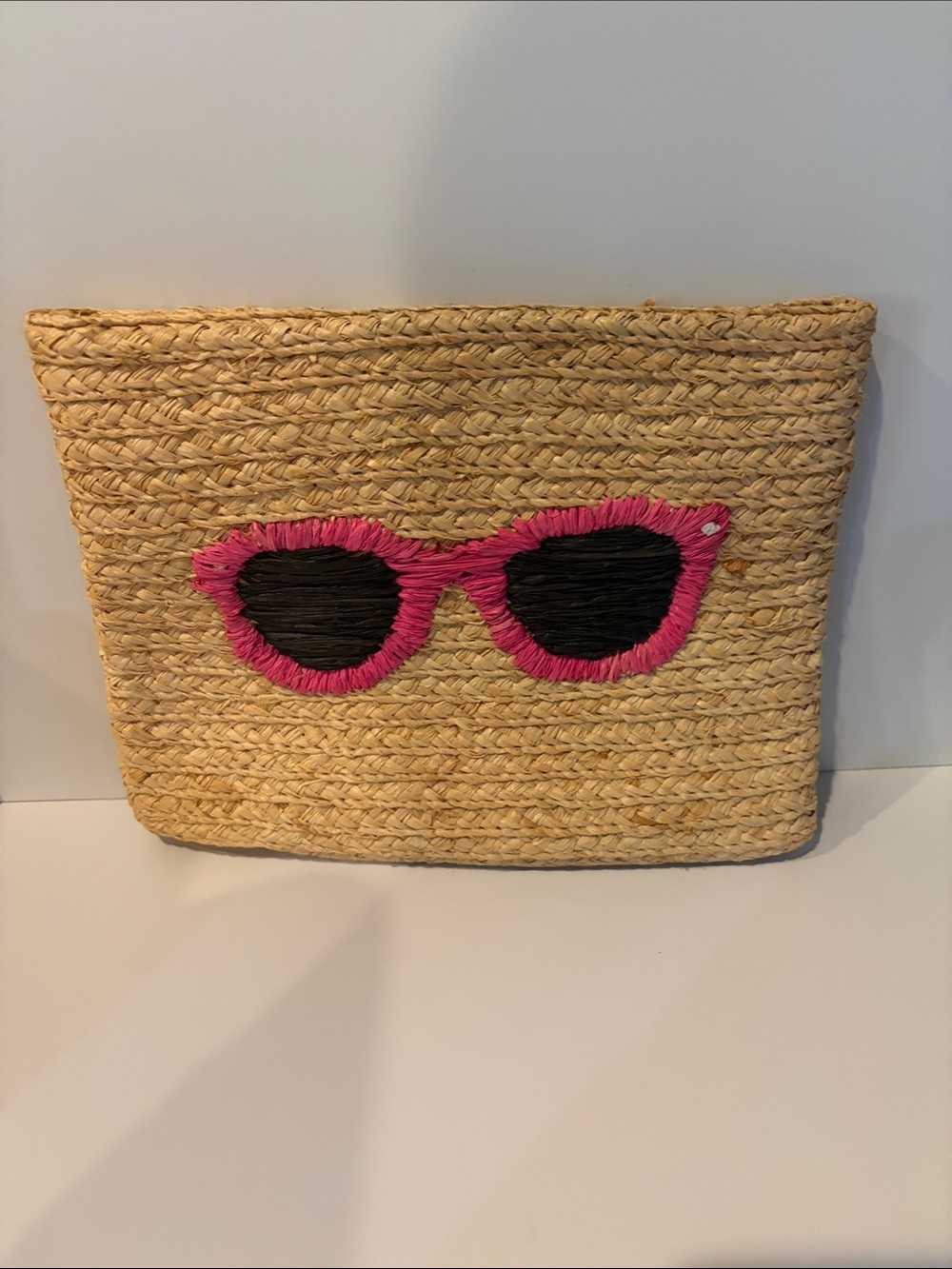 Joie Natural Straw Clutch with Pink Sunglasses Design
